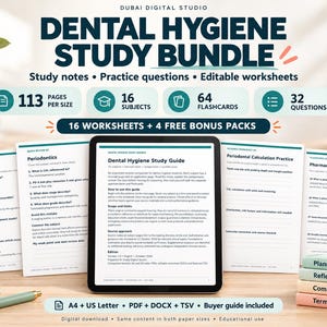 May include: A digital Dental Hygiene Study Bundle featuring 113 pages, 16 subjects, 64 flashcards, and 32 questions. The display shows a study guide on a tablet screen surrounded by printed practice sets and worksheets.