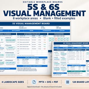 Peut inclure: Deux tableaux de gestion de lieu de travail rectangulaires blancs avec des en-têtes et du texte bleus. Les tableaux présentent des systèmes de gestion visuelle 5S et 6S, incluant des sections pour les normes visuelles et le suivi.