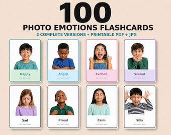 100 foto-emotie-flashcards, gevoelskaarten voor kinderen, printbaar materiaal voor sociaal-emotioneel leren, 2 versies, activiteiten voor peuters en kleuters, emotioneel leren