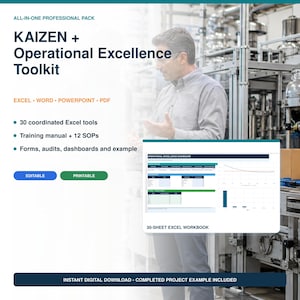 以下が含まれることがあります： Kaizen + Operational Excellence Toolkitというタイトルのデジタルツールキット。30個のExcelツール、トレーニングマニュアル、12個のSOP、フォーム、監査、ダッシュボードが含まれています。画像には30シートのExcelワークブックのプレビューが表示されています。