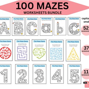 100 Easy Mazes| Kids Puzzle Maze Game Challenge| Fun Activities |Kids Party Favors| Instant PDF Download |alphabets & number mazes|printable