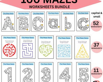 100 Easy Mazes| Kids Puzzle Maze Game Challenge| Fun Activities |Kids Party Favors| Instant PDF Download |alphabets & number mazes|printable