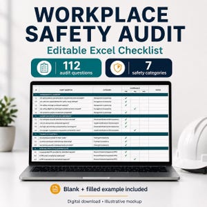 May include: A laptop screen displays a Workplace Safety Audit Editable Excel Checklist with 112 audit questions and 7 safety categories. The spreadsheet includes columns for ID, audit question, category, compliance, and notes with checkmarks.