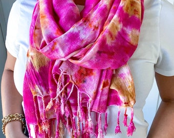 MATERIAL GIRL hand woven rayon scarf shawl wrap / hand-dyed scarf with fringe / pink purple green tie dye scarf shawl wrap / holiday gifts
