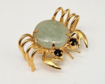 Vintage Gold-Tone Jade Crab Brooch Pin