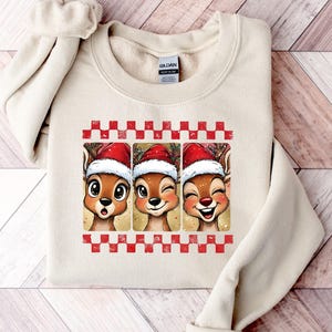 Reindeer Christmas Sweatshirt | Santa Hat Deer Crewneck | Festive Holiday Pullover | Cozy Winter Hoodie
