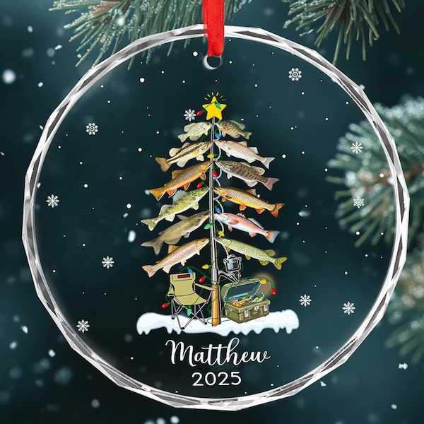 Personalized Fishing Christmas Tree Glass Ornament, Fisherman Gift