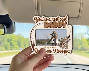 Custom Fishing Dad Photo Car Clip, Reel Cool Daddy, Personalized 2-Layers Wooden Visor Clip