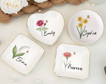 Personalized Birth Flower Ceramic Ring Dish, Custom Name Jewelry Tray