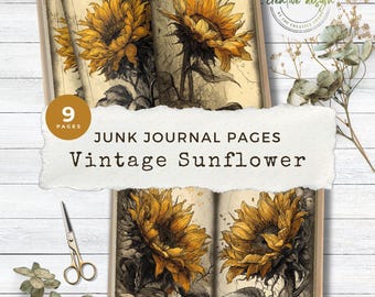 May include: A set of nine printable junk journal pages featuring vintage sunflower illustrations. The pages display detailed yellow sunflower sketches on aged paper backgrounds. The text reads 9 PAGES JUNK JOURNAL PAGES Vintage Sunflower.
