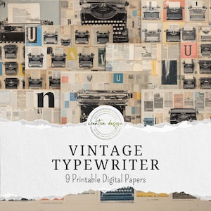 May include: A collage of vintage typewriters on a background of newspaper clippings and colorful paper. The image features the text "VINTAGE TYPEWRITER" and "9 Printable Digital Papers". The design includes a Creative Design by the Creative Bee logo.