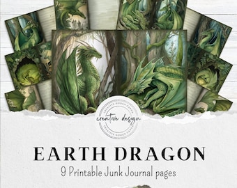 Dragon Junk Journal Pages – Earth Element Printable Kit with Green Fantasy Dragons, Forest Backgrounds, Digital Ephemera Pack – JJ103