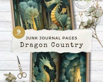 Dragon Junk Journal Pages – Fantasy Printable Ephemera Kit with Mythical Creatures, Enchanted Forest and Mountain Backgrounds  – JJ099