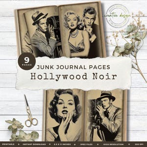 True Crime Junk Journal, Hollywood Noir Pages with Cinematic Portraits, Shadow Play and Classic Movie Stars – JJ158