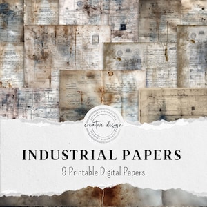 Op de afbeelding: Een verzameling van negen afdrukbare digitale papieren met een industrieel thema. De papieren hebben een vintage esthetiek, met verouderde texturen, vlekken en handschrift. De papieren zijn in tinten bruin, beige en blauw, met de tekst "INDUSTRIAL PAPERS" en "9 Printable Digital Papers".