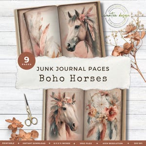 Boho Horses Junk Journal Pages, Ripped Paper Edge Effect, Western Printable Kit with Ripped Texture, Wild Floral and Cactus Art – JJ080