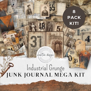 Industrial Grunge Labels, Tags Ephemera Junk Journal Mega Kit – Steam Punk ID Cards, Vintage Papers, Numbers & Grunge Collage Pack – MK002