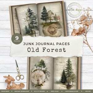 May include: A set of nine printable junk journal pages titled Old Forest, featuring open book spreads with watercolor illustrations of pine trees and tree stumps over vintage script text. Includes gold scissors and dried flowers as accents.