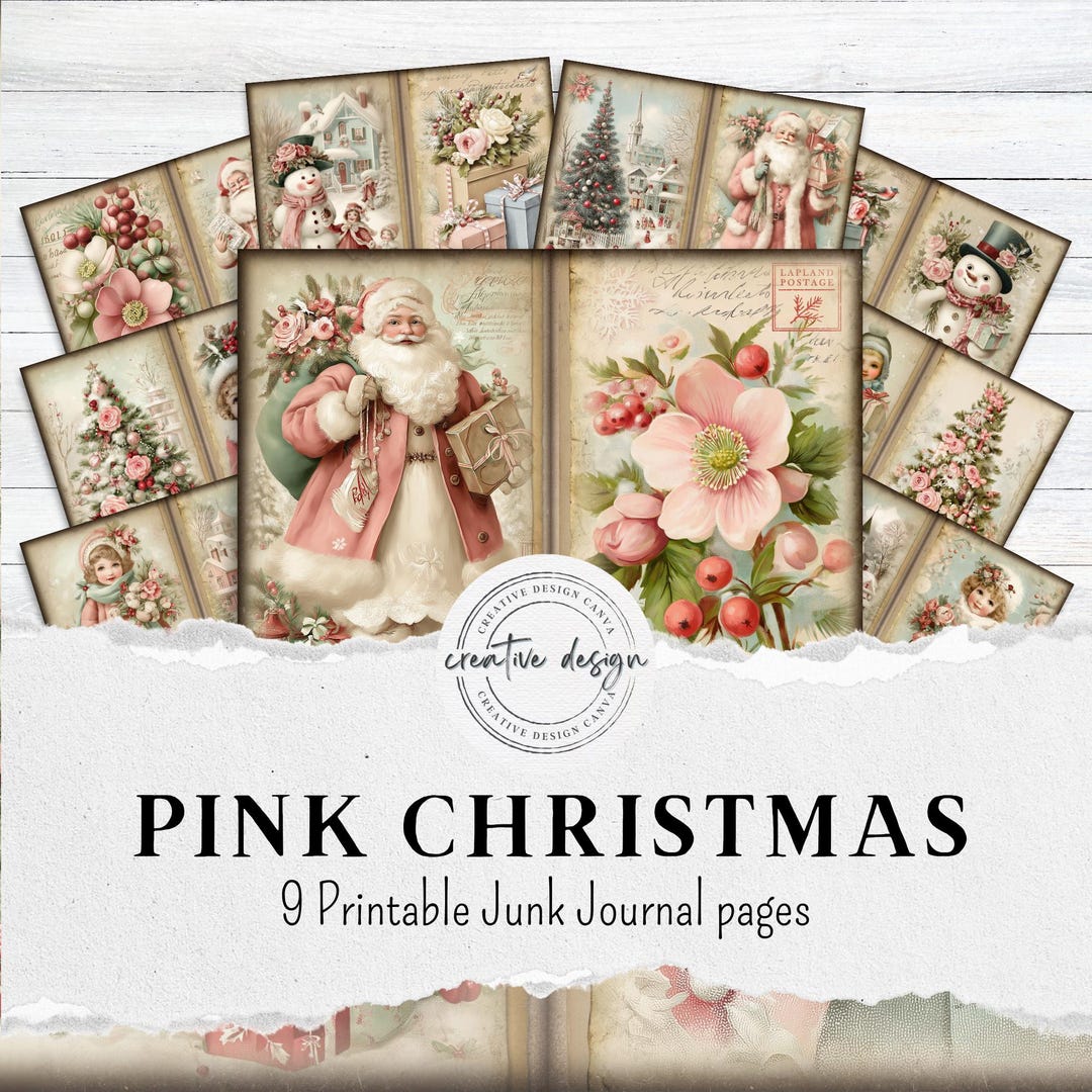 Pink Christmas Junk Journal Kit – Printable Vintage Santa Pages, Retro ...