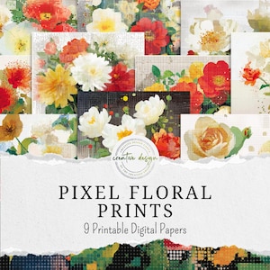 May include: A collection of nine digital papers featuring pixelated floral patterns in vibrant shades of red, yellow, orange, and white. The text reads PIXEL FLORAL PRINTS 9 Printable Digital Papers with a circular logo stating creative design.