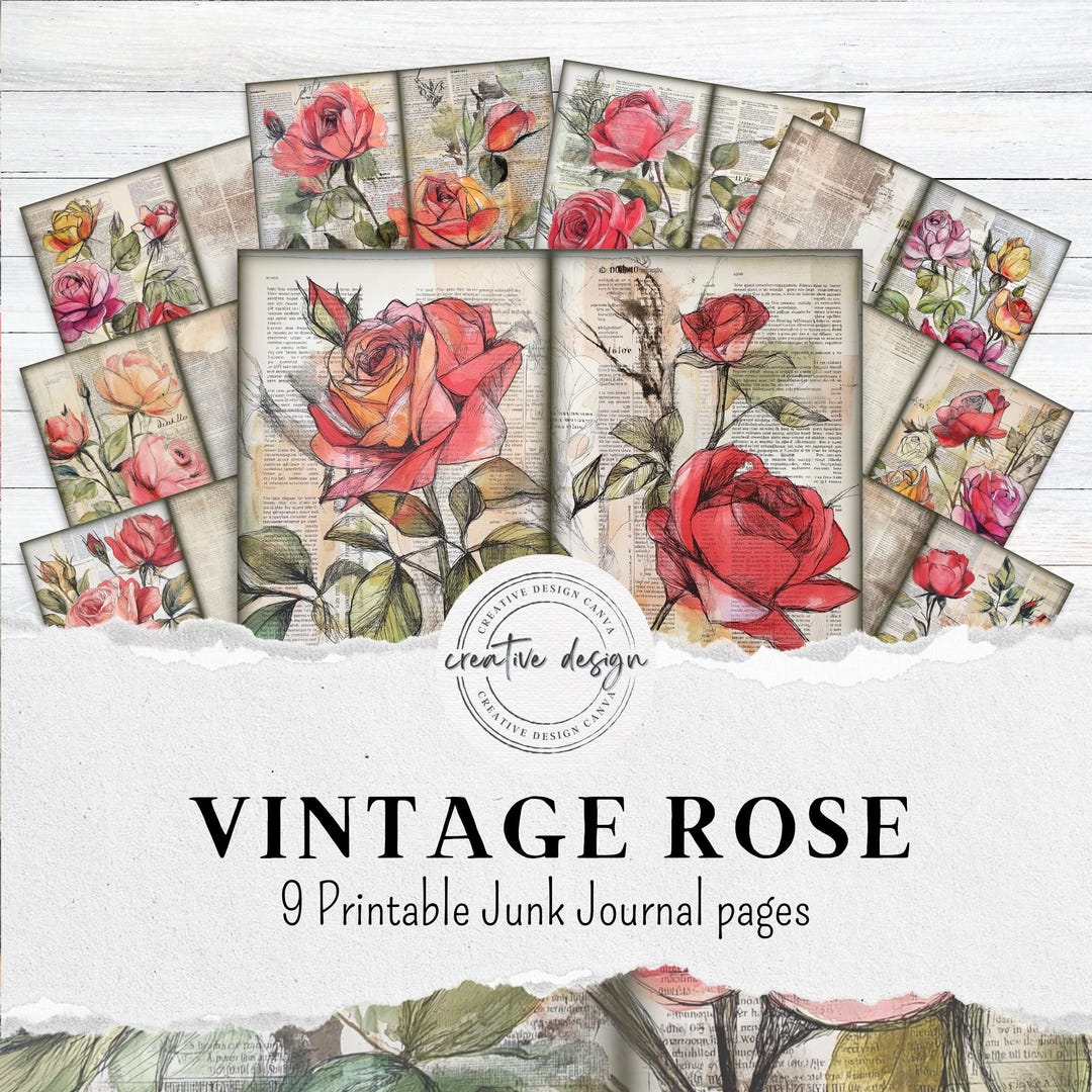 Rose Junk Journal Double Pages, Shabby Chic Floral Kit, Vintage Roses ...