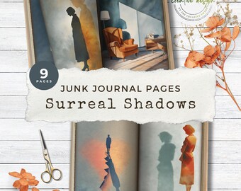 May include: A set of nine junk journal pages titled Surreal Shadows, featuring open books with illustrations of figures and long shadows, a pair of gold scissors, and dried orange flowers on a white wood background with text 8.5 x 11 inches.
