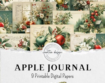 Apple Junk Journal Kit Printable Pages, Vintage Apple Ephemera, Country Farmhouse Chickens Digital Paper, Fall Scrapbooking  – DP030
