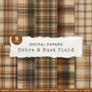 May include: A collection of nine digital papers featuring ochre and rust plaid patterns. The image displays various tartan designs in shades of brown, tan, and orange. Text on the image reads 9 PAGES DIGITAL PAPERS Ochre & Rust Plaid.