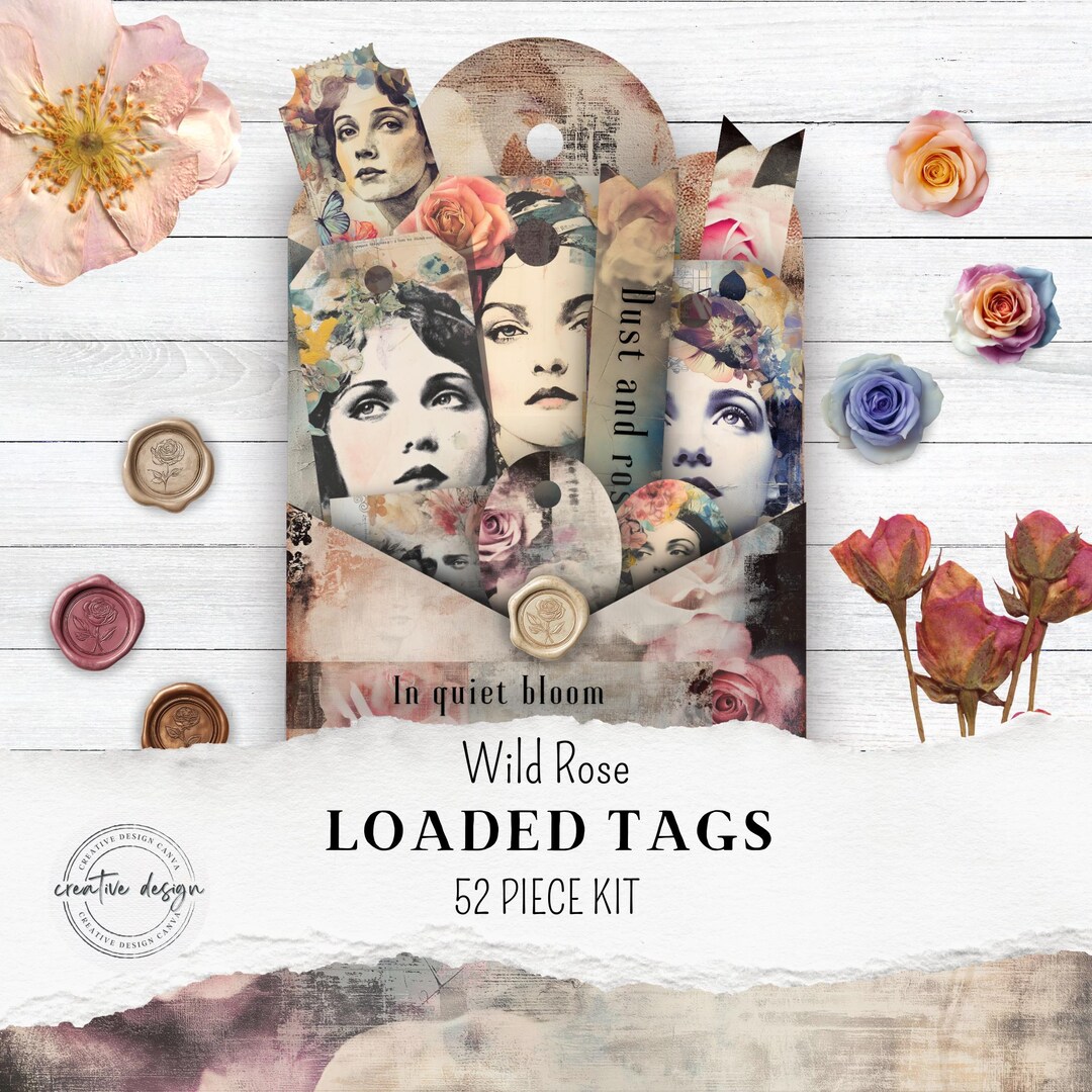 Wild Rose Junk Journal, Loaded Folder Pocket Tags, Digital Craft Paper ...