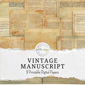 May include: A collection of nine printable digital papers featuring a vintage manuscript design. The papers have a sepia tone with aged textures and handwritten text. The words "VINTAGE MANUSCRIPT" are displayed in a bold font.
