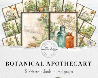Herbalist Junk Journal Kit – Vintage Apothecary Bottles Printable Pages, Botanical Ephemera, Grimoire, Cottagecore Collage Paper – JJ015