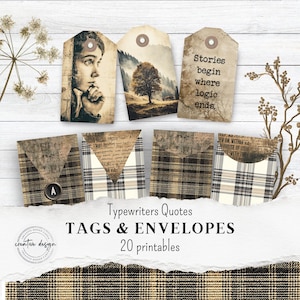 Puede incluir: Un conjunto de etiquetas y sobres imprimibles con una estética vintage. Las etiquetas presentan imágenes y citas, mientras que los sobres muestran patrones de cuadros. El texto "Typewriters Quotes TAGS & ENVELOPES 20 printables" es visible.