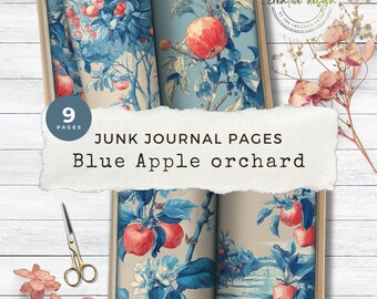 Apple Junk Journal Kit, Printable Vintage Harvest Fruit Pages, Elegant Red Apples on Blue, Orchard Ephemera Digital Paper Crafts – JJ088
