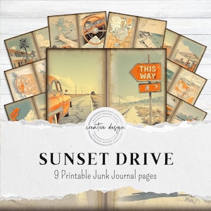 以下が含まれることがあります： ヴィンテージ旅行をテーマにした、9枚の印刷可能なジャンクジャーナルページ。クラシックカー、道路標識、地図、海岸のシーンのイラストが特徴です。「SUNSET DRIVE」と「THIS WAY」の文字が見えます。