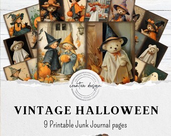Pages de journal indésirables, citrouilles éphémères, Halloween à imprimer, papier sorcière automne, cartes postales vintage art enfant rétro, ours automne - JJ067