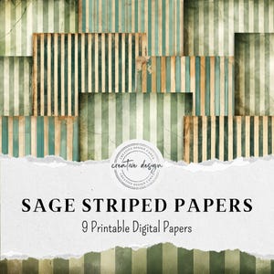 Puede incluir: Papeles digitales a rayas color salvia con una estética vintage. Los papeles presentan rayas verticales en tonos verde salvia, turquesa y beige, con un aspecto envejecido y desgastado. La imagen incluye el texto "SAGE STRIPED PAPERS" y "9 Printable Digital Papers".