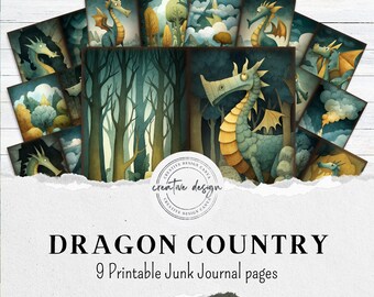 Dragon Junk Journal Pages – Fantasy Printable Ephemera Kit with Mythical Creatures, Enchanted Forest and Mountain Backgrounds  – JJ099