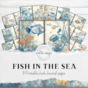 Fish in the Sea – Nautical Junk Journal Pages with Vintage Ocean Fish Illustrations, blue and sand colors– JJ004 Printable Kit