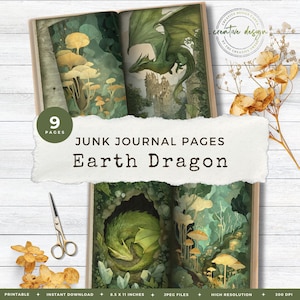 Draken Junk Journal Pagina's – Printbare Set met Aarde-element, inclusief Groene Fantasiedraken, Bosachtergronden en Digitale Ephemera – JJ103