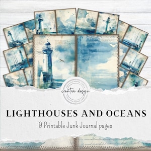 May include: A collection of nine printable junk journal pages featuring watercolor illustrations of lighthouses and ocean scenes. The pages have a vintage aesthetic with a torn paper effect and the text "LIGHTHOUSES AND OCEANS". The Creative Design Canva logo is also visible.