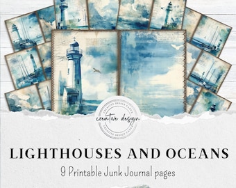 Lighthouses and Oceans Junk Journal Pages – Blue Coastal Watercolor, Nautical Sea Printables, 9 Digital Sheets – JJ022 Printable Kit