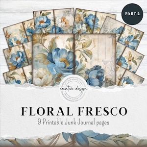 Floral Fresco Vintage Junk Journal Pages Part 2, Soft blue & warm sand-colored flowers with the look of aged frescoes – JJ006 Printable Kit