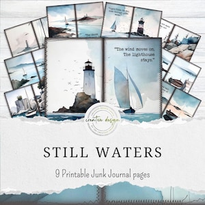 Nautical Theme Junk Journal Pages with Watercolor Lighthouse, Rocky Coastline, Sailing Boats and Reflective Coastal Poetry Quotes - JJ204
