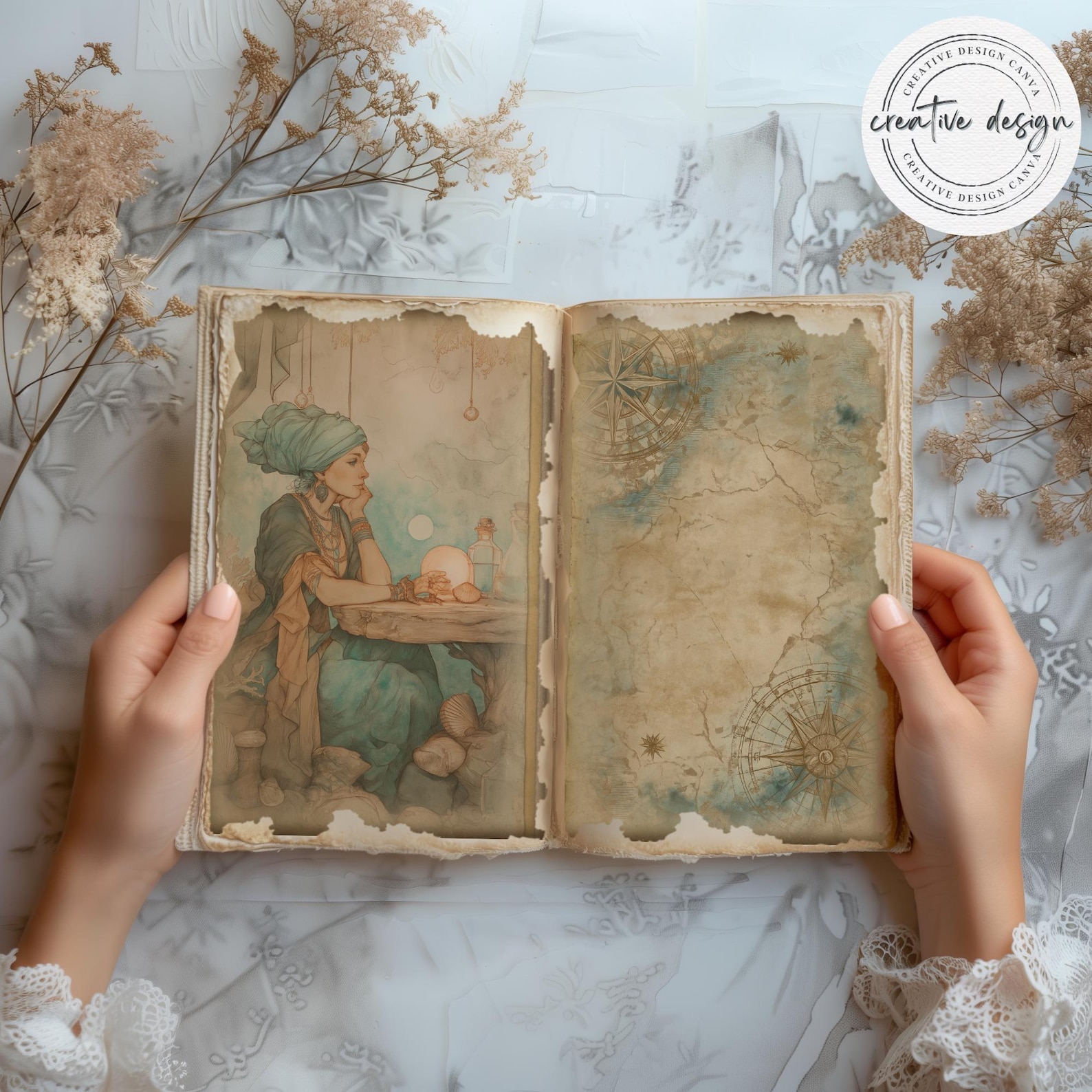 Fortune Teller Junk Journal Kit Ocean Witch Printable Pages, Mystic Sea ...