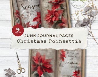 Merry Little Christmas-poinsettiapagina's – Gothic Christmas Digital Junk Journal Kit – Vintage afdrukbaar kortstondig papier voor collage – JJ114