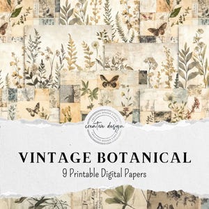 Può includere: Una collezione di nove carte digitali stampabili con un tema botanico vintage. Le carte presentano illustrazioni di piante, farfalle e testo manoscritto su uno sfondo beige e crema. Le parole "VINTAGE BOTANICAL" sono visualizzate in nero.