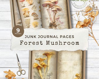 May include: A set of nine printable junk journal pages featuring vintage-style illustrations of forest mushrooms and botanical sketches on aged paper backgrounds. The pages include handwritten script, text, and detailed watercolor-style fungi imagery.
