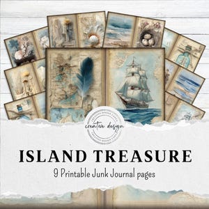 Treasure Island Junk Journal Printable Pages, Nautical Sea Ephemera, Vintage Ship, Beach Collage Kit, Ocean Map Digital Paper - JJ072