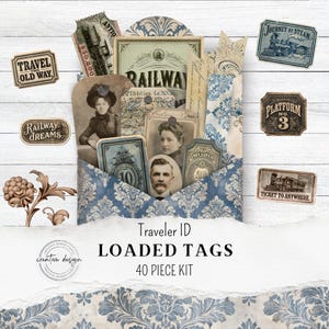 May include: A collection of vintage-style traveler ID loaded tags. The tags feature old photographs, railway-themed graphics, and text like "Travel the Old Way" and "Railway Dreams." The color palette includes shades of blue, brown, and cream.