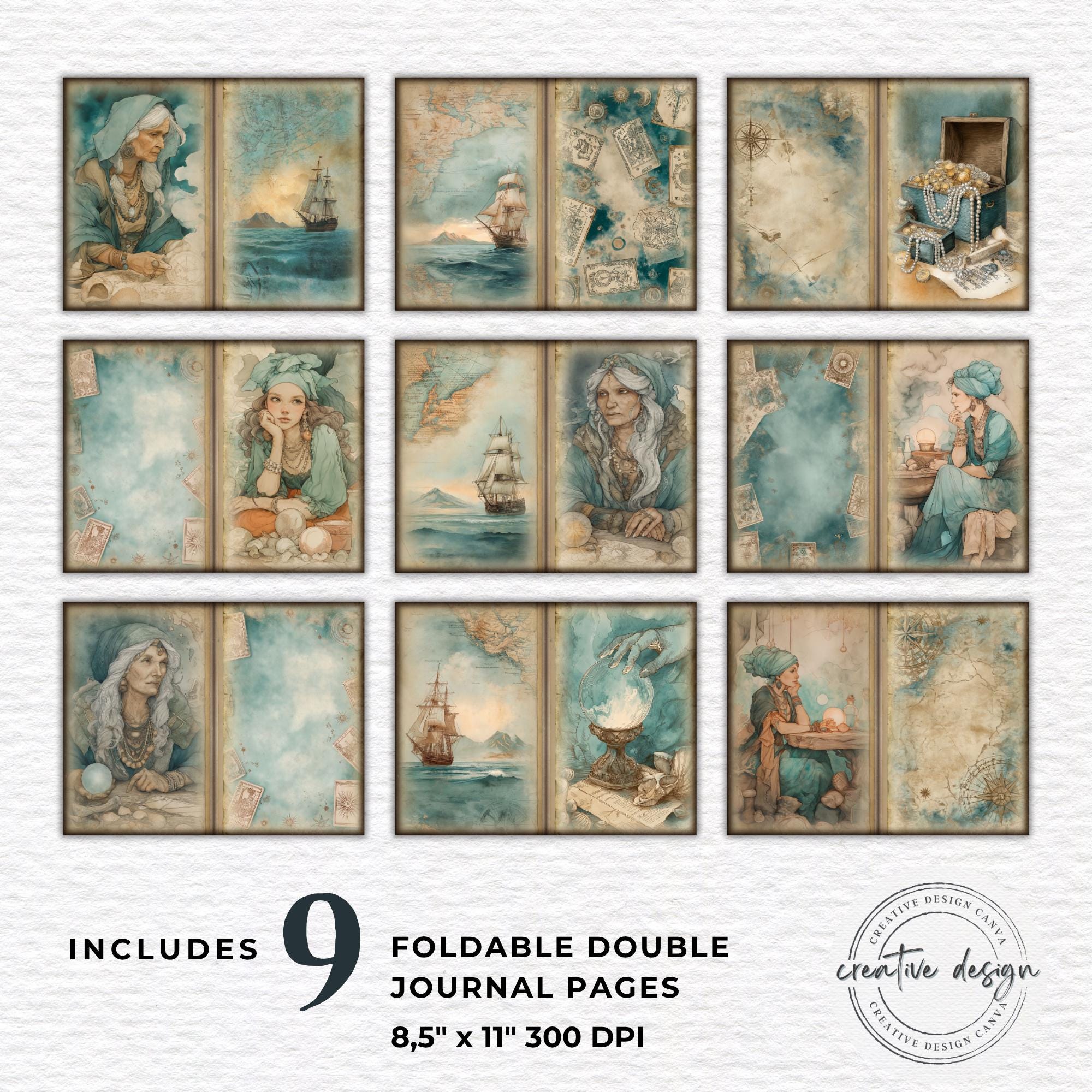 Fortune Teller Junk Journal Kit Ocean Witch Printable Pages, Mystic Sea ...